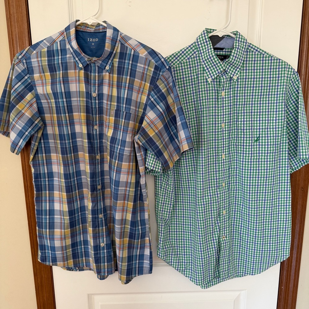 SET! Mens Medium Like NEW! Izod + Nautica Plaid Button Down Shirts